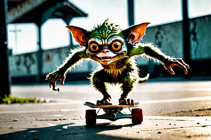 Leica portrait of a gremlin skateboarding, sparse and simple, UHD image, urbancore, sovietwave, period snapshot