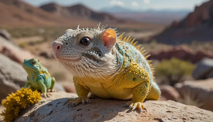 Fairy tale cinematic film still Hybrid between hamster and (iguana:1.2) mixed together in a unique animal, wide shot, looking at viewer, on a flat rock with multicolored lichen in the desert, four legs, sharp focus, natural lighting, <lora:SDS_Contrast tool_XL:-1.0>, . Magical, fantastical, enchanting, storybook style, highly detailed