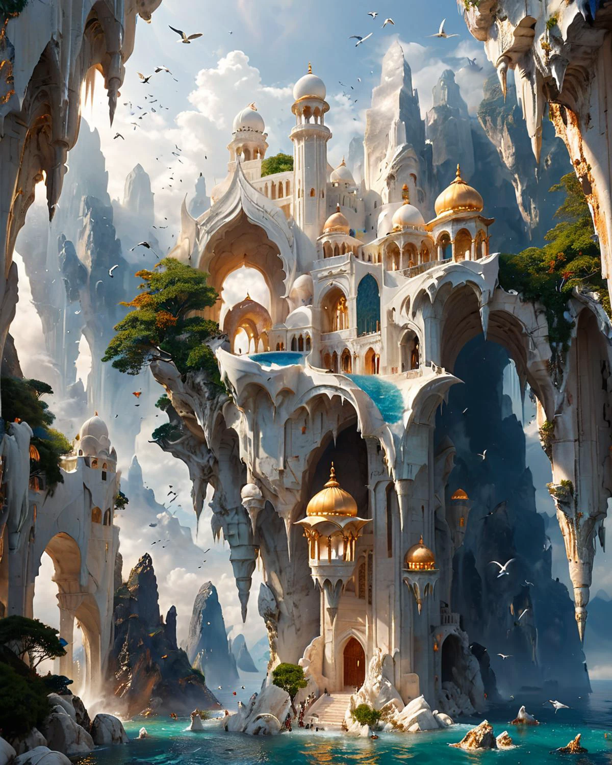 floating fantasy city, shapely white marble towers, reminiscent of the Taj Mahal, ocean, seabirds, mountains, viewed from below, <lora:add-detail-xl:0.8>, <lora:xl_more_art-full_v1:0.5>, <lora:XSfenlie:1> fenliexl
