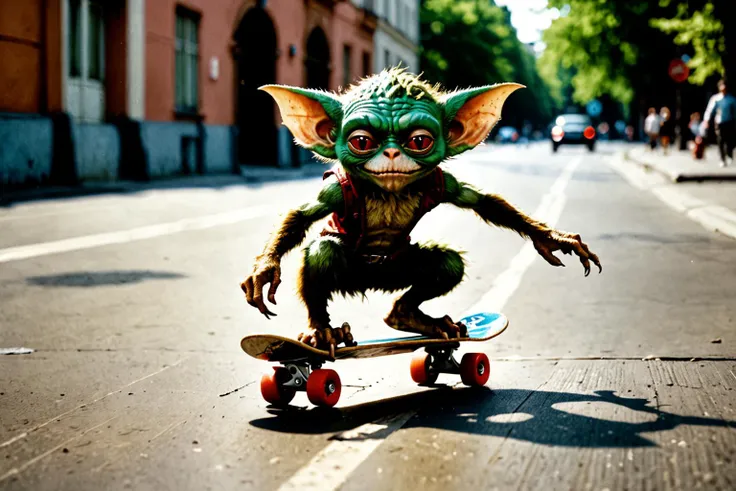 Leica portrait of a gremlin skateboarding, sparse and simple, UHD image, urbancore, sovietwave, period snapshot