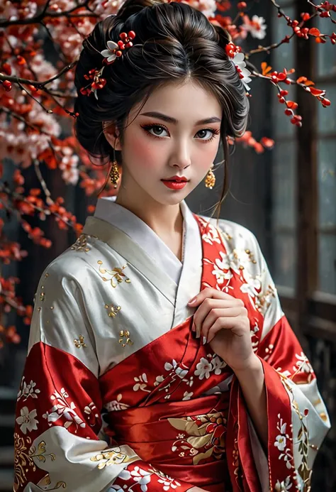 HDR photo of Create a detailed, full-body portrait of an enchanting 18-year-old geisha, adorned in a stunning white and red kimono. Her features should be meticulously rendered, with a particular focus on her captivating, mysterious eyes that hold a hint of seductiveness. She should be depicted kimono flowing fluidly around her. As a whole, the image should evoke feelings of intrigue and allure, with a touch of strangeness to make it truly memorable. style of Charlie Bowater, style of Huang Guangjian, style of Nick Knight, . High dynamic range, vivid, rich details, clear shadows and highlights, realistic, intense, enhanced contrast, highly detailed