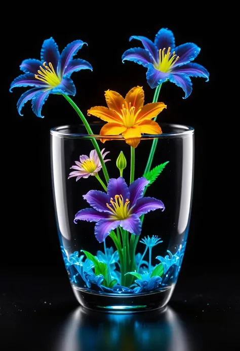 blacklight, bioluminescent flowers, clear cup with water, steam coming from water, black gradient background,