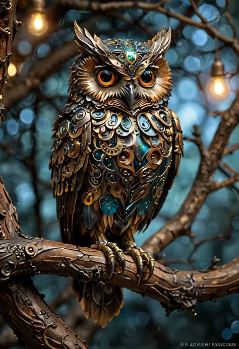A stunningly intricate mechanical steampunk owl perches gracefully on a gnarled tree branch, its piercing gaze fixed directly upon the viewer. The creature's eyes are exquisitely detailed, reflecting the ethereal glow of a dark nebula that shimmers in the background. Soft bokeh adds an air of mystery to this captivating scene.