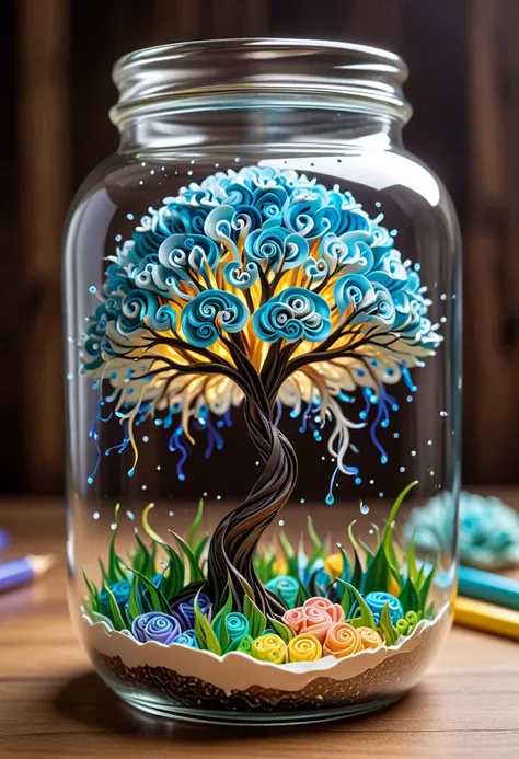 Paper quilling art of (lightning storm), a human brain growing in a glass jar in a workshop, jar full of a dull translucent liquid, realistic natural brain, beautiful, crisp, detailed, ultramodern, high contrast, cinematic, . Intricate, delicate, curling, rolling, shaping, coiling, loops, 3D, dimensional, ornamental