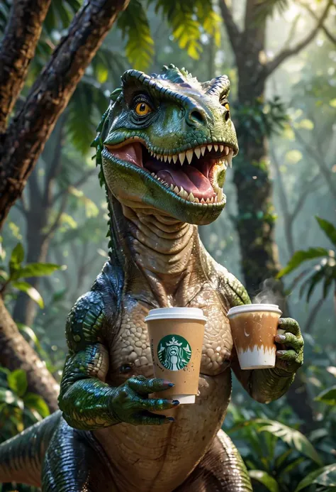 zPDXL, 1 tyrannosaurus holding 1 cup of coffee, jungle background, depth of field, 4k, masterpiece, best quality, ultra realistic, high detail