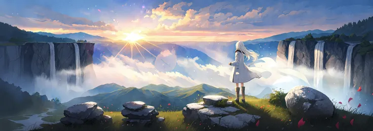 incredibly_absurdres,(ray tracing),light particle,
((solo:1.8)),(1girl:1.5),((a beautiful girl)),(((full body shot))),((standding)),(facing away),(((white coat))),((beautiful white dress+white knee boots)),((Belts)),(white scarf),(leg loops),(((long white_hair))),
((beautiful sky)),(scenery),((grassland)),((mountain)),((canyon)),((waterfall)),(cloud),((nature)),(grass),((fog)),(flower),(stone),(rock),(sunlight),(wind),(petal)
