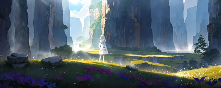 ((best quality)), ((masterpiece)), ((ultra-detailed)), (illustration), (detailed light), (an extremely delicate and beautiful),
incredibly_absurdres,(ray tracing),light particle,
((solo:1.8)),(1girl:1.5),((a beautiful girl)),(((full body shot))),((standding)),(facing away),(((white coat))),((beautiful white dress+white knee boots)),((Belts)),(white scarf),(leg loops),(((long white_hair))),
((beautiful sky)),(scenery),((grassland)),((mountain)),((canyon)),((waterfall)),(cloud),((nature)),(grass),((fog)),(flower),(stone),(rock),(sunlight)