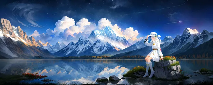 ((best quality)), ((masterpiece)), ((ultra-detailed)), (illustration), (detailed light), (an extremely delicate and beautiful),((trim)),
incredibly_absurdres,(ray tracing),(Autumn),
((solo:1.8)),(1girl:1.3),((a beautiful girl)),(((full body shot))),((sitting)),(facing away),(+perfect hand+:1.21),(((white coat))),((beautiful white dress+white knee boots)),((Belts)),((white hat)),(white scarf),(leg loops),(((long white_hair))),
((beautiful sky)),(starry sky),(scenery),((mountain)),(Alps),(alpine),(extinct volcano),((cloud)),((nature)),(grass),((fog)),(pine),(flower),(stone),(rock),(lake),(Star Trails)