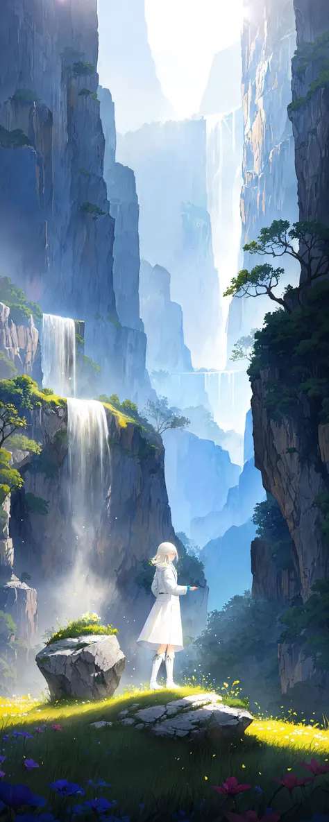 ((best quality)), ((masterpiece)), ((ultra-detailed)), (illustration), (detailed light), (an extremely delicate and beautiful),
incredibly_absurdres,(ray tracing),light particle,
((solo:1.8)),(1girl:1.5),((a beautiful girl)),(((full body shot))),((standding)),(facing away),(((white coat))),((beautiful white dress+white knee boots)),((Belts)),(white scarf),(leg loops),(((long white_hair))),
((beautiful sky)),(scenery),((grassland)),((mountain)),((canyon)),((waterfall)),(cloud),((nature)),(grass),((fog)),(flower),(stone),(rock),(sunlight) ,<lora: Style Filter_V2:1>