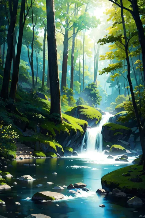((best quality, masterpiece, absurdres, )) Enigmatic Forest, Vibrant Colors, Soft Sunlight, Secret Waterfall, Bohemian Fashion
