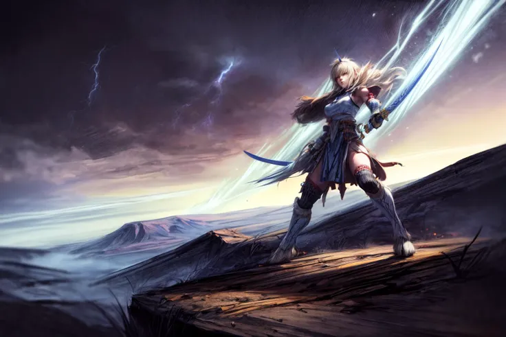 (establishing-shot:1.5), masterpiece, best quality, , ((intricate)), oil on canvas, (dry brush illustration of (1girl) (solo) warrior )(blond hair),(perfect face), torn (kirin armor),wielding katana, (sha no kamae stance), (standing on a mountain mesa), lightning storm, <lora:Gloomifier_slider_LECO_500w:0.3>, <lora:hairdetailer:0.7>, <lora:add_detail:0.7> methurlant, <lora:methurlant:0.8> <lora:more_details:1>, <lora:kirin_armor:1.2>