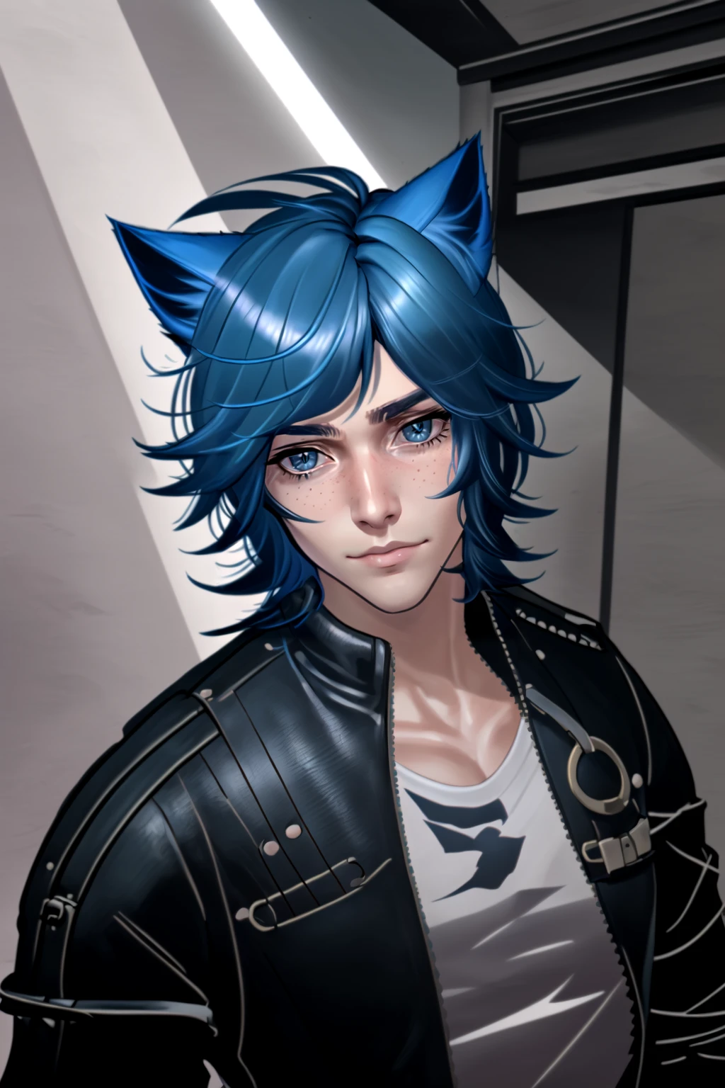 Parker Edwards, solo, looking at viewer, shirt, 1boy, animal ears, blue hair, jacket, male focus, cat ears, black jacket, freckles, realistic, leather, leather jacket, furry, anthro, cat ears, animal ears, <lora:Parker_Edwards:0.8>