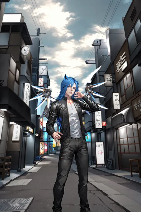 Parker Edwards,  1 boy,  male focus,  solo,  long hair,  blue hair,  shirt,  wings,  mechanical wings,  long sleeves,  jacket,  leather ,  open jacket,  black jacket,  leather jacket,  white shirt,  hand up,  tattoo,  black pants,  open clothes,  standing,  sky,  day,  pants,  building,  outdoors, <lora:Parker_Edwards:0.8>