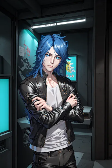 Parker Edwards, solo, long hair, 1boy, male focus, pants, rainbow, blue hair, shirt, long sleeves, jacket, leather , open jacket, black jacket, leather jacket, white shirt, open clothes, pants, black pants, tattoo, folded arms, indoors, sky, night, neon lights, dutch angle, close up, upper body, <lora:Parker_Edwards:0.8>