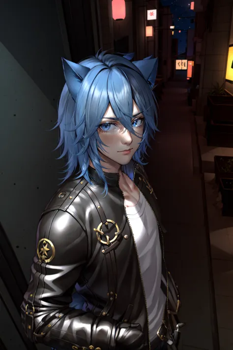 Parker Edwards, solo, looking at viewer, 1boy, animal ears, blue hair, jacket, male focus, cat ears, black jacket, night, freckles,leather, leather jacket <lora:Parker_Edwards:0.7>