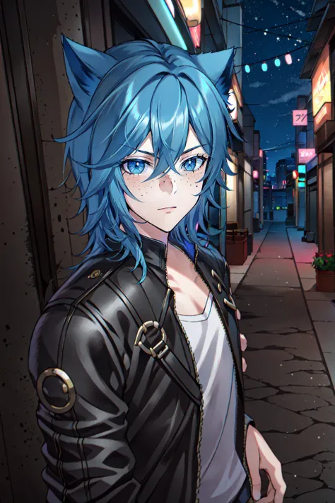 Parker Edwards, solo, looking at viewer, 1boy, animal ears, blue hair, jacket, male focus, cat ears, black jacket, night, freckles,leather, leather jacket <lora:Parker_Edwards:0.7>