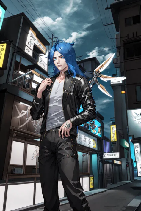 Parker Edwards, 1 boy, male focus, solo, long hair, blue hair, shirt, wings, mechanical wings, long sleeves, jacket, leather , open jacket, black jacket, leather jacket, white shirt, open clothes, pants, black pants, tattoo, hand up, standing, sky, night, neon lights, building, outdoors, <lora:Parker_Edwards:0.8>