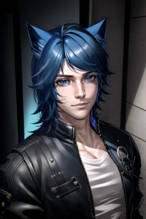 Parker Edwards, solo, looking at viewer, shirt, 1boy, animal ears, blue hair, jacket, male focus, cat ears, black jacket, freckles, realistic, leather, leather jacket,  furry,  anthro,  cat ears,  animal ears, <lora:Parker_Edwards:0.8>