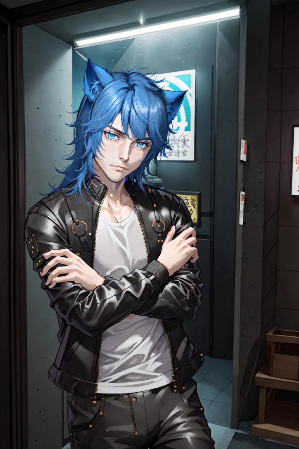 Parker Edwards, solo, long hair, 1boy, male focus, pants, rainbow, blue hair, furry, anthro, cat ears, animal ears, shirt, long sleeves, jacket, leather , open jacket, black jacket, leather jacket, white shirt, open clothes, pants, black pants, tattoo, folded arms, indoors, sky, night, neon lights, dutch angle, close up, upper body, <lora:Parker_Edwards:0.8>