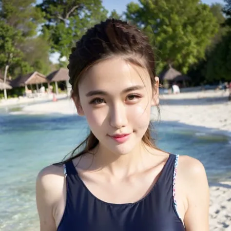 ((XYBOBO,1girl)), wearing a (blue swimsuit), best quality, ultra high res, Aegyo Sal, looking at viewer, smiling,(photorealistic:1.4), 1girl, (brown black hair:1.3),(kiss:1.2), red lips, contrapposto, best quality, ultra high res, (photorealistic:1.3), 1girl, <lora:asianGirlXYBOBOLora_notUpdate:1>