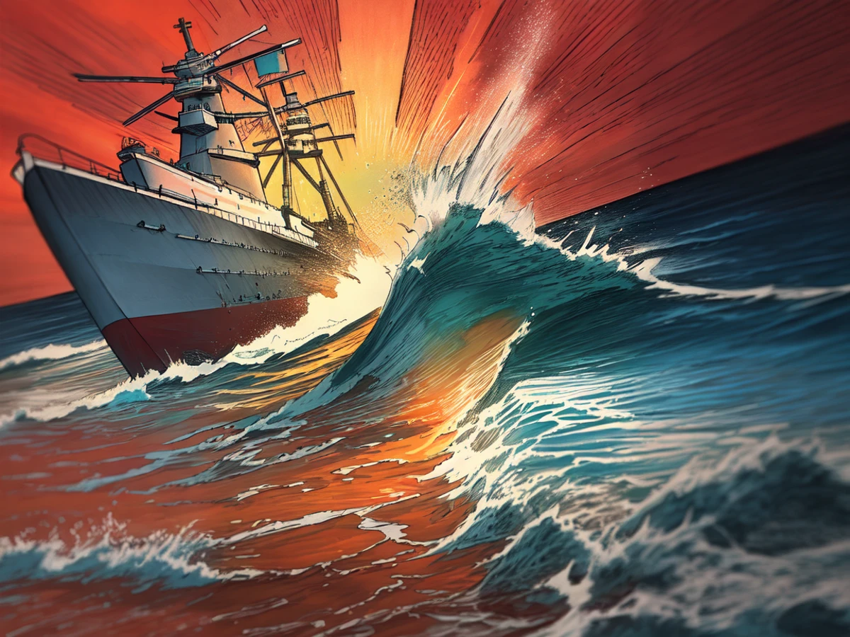 (masterpiece, best quality:1.2), battleship, sea waves, orange water, orange sky, explosion, smoke, debris, battle, action lines,
(pastel chalk sketch, traditional media, crosshatching:1.2) (high contrast, emphasis lines, light rays:1.1)
<lora:dezaki-000010:1>
<lora:LowRA:0.5>