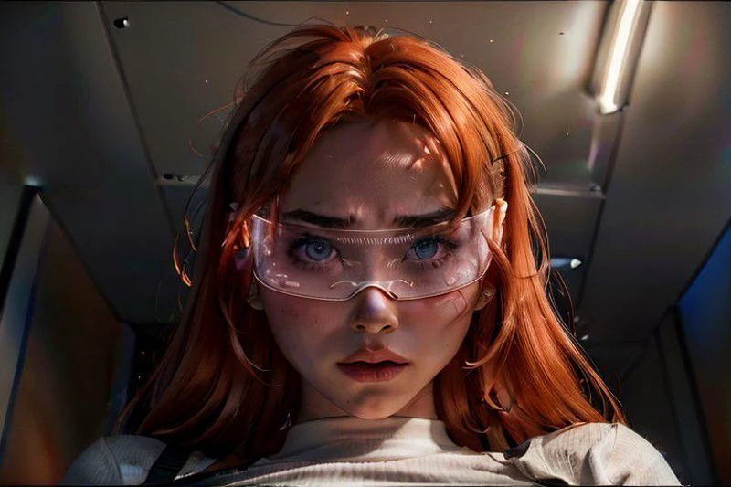 (((from below))), a beautiful woman sitting in a wheelchair in a (((dark room))), masterpiece, best quality, 1girl, barbara gordan, sitting in a high tech room, close on face with glasses staring at a computer screen, green eyes, (((harsh screen glare on glasses))), (((typing at a computer))), (((surrounded by high tech stuff))), angry look on her face, concerned look, atmospheric scene, (detailed beautiful face, detail skin texture, ultra-detailed body:1.1),, ((extreme skin detail)), hdr, ((ultrarealistic)), (((petite))), (((long orange hair))), dark eye make up, tight white t-shirt, medium breasts, ((camel toe)), (clothed nipples), black lit, ((dark dramatic lighting))