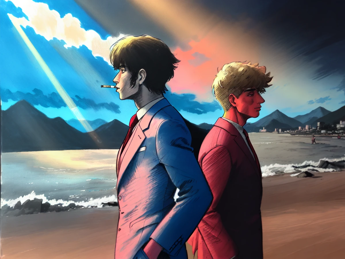 (masterpiece, best quality:1.2), from side, walking, cigarrette, smoke, (sun rays:1.2), 3boys, day, outdoors, suit, beach, upper body, mountain
(pastel chalk sketch, traditional media, crosshatching:1.2) (high contrast, emphasis lines, light rays:1.1)
<lora:dezaki-000010:1>
<lora:LowRA:0.5>