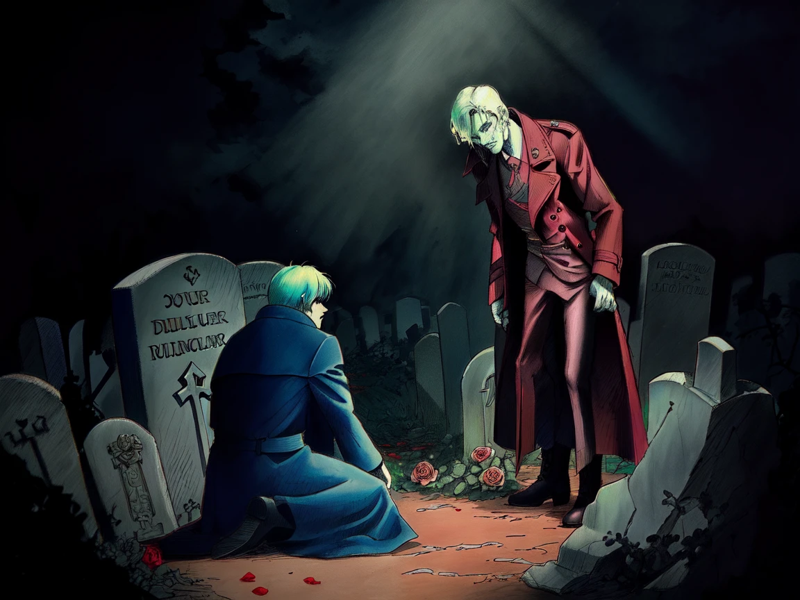 (masterpiece, best quality:1.2), boots, trenchcoat, graveyard, tombstone, (roses:1.1), night, overgrown, rocks, shaded face
(pastel chalk sketch, traditional media, crosshatching:1.2) (high contrast, emphasis lines, light rays:1.1)
<lora:dezaki-000010:1>
<lora:LowRA:0.5>