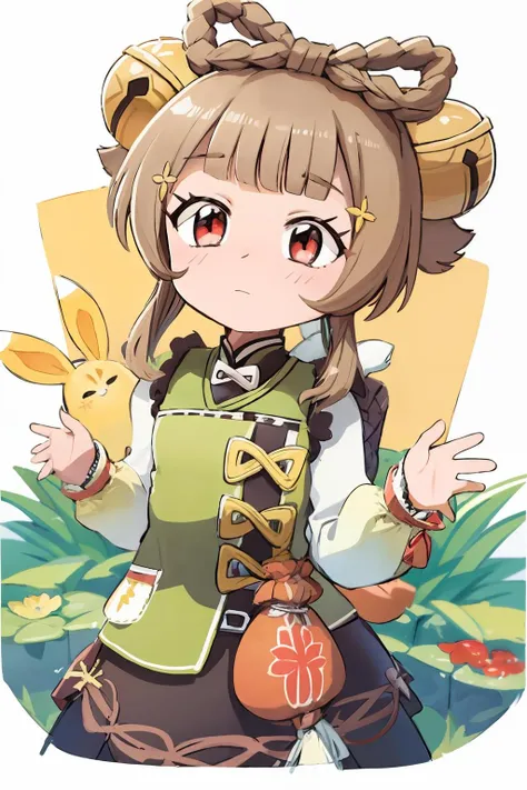 masterpiece, best quality,    <lora:yaoyao:1>,yaoyao \(genshin impact\), 1girl,hair ornament,hair bell,brown hair, short hair,braid,red eyes,long sleeves, chinese clothes, dress, <lora:style05:1>,(chibi:1.2),simple background,