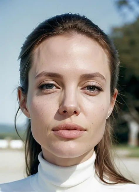 A stunning intricate color close up portrait of (sks woman:1) , wearing white turtleneck, epic character composition, sharp focus, natural lighting, subsurface scattering, f2, 35mm, film grain, , by William Eggleston, <lora:lora-small-angelina-jolie-v1:1>
