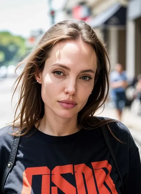 A stunning intricate color close up portrait of (sks woman:1) , wearing Band t-shirt and ripped jeans, epic character composition, sharp focus, natural lighting, subsurface scattering, f2, 35mm, film grain, , by Henri Cartier-Bresson, <lora:lora-small-angelina-jolie-v1:1>