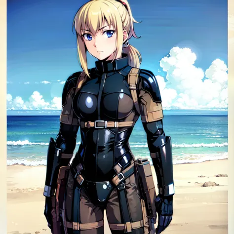 <lora:haven_trooper:1>, haven_trooper, 1girl, masterpiece, simple background,   beach in background, helmet removed,  ponytail, blonde hair,