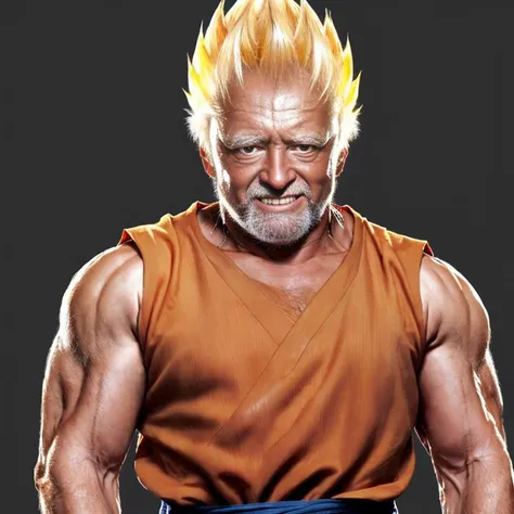 (Harold as Goku super sayan), consistent, detailed, full body, hard rim lighting, highly detailed, hyper realism, intricate, photorealistic, badass, realistic skin texture, solo, <lora:haroldDiffusionLora_versionTT:1>  <lora:sonGokuLora_offset:1>