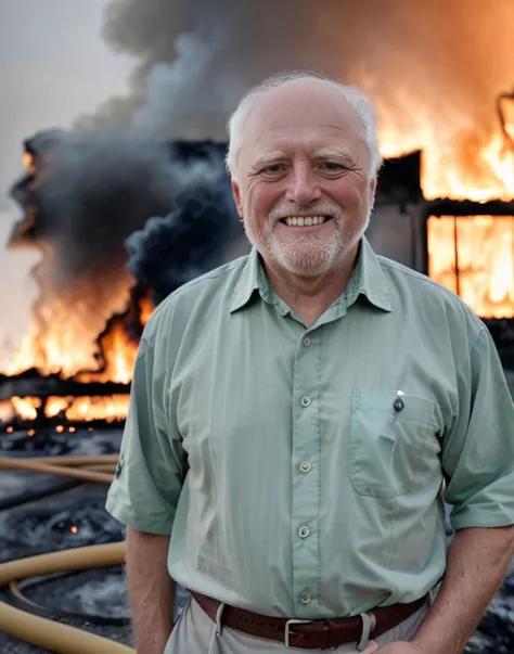 RAW photo, photo of harold, smiling,  wearing green shirt,standing in front of a (burning house:1.4), 8k uhd, dslr, high quality, film grain, Fujifilm XT3
<lora:harold:.9>