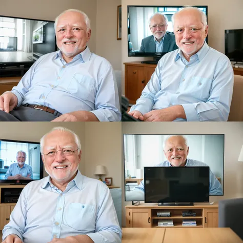 full length photo of (harold:1.3), smiling, 8k uhd, dslr, high quality, film grain, Fujifilm XT3, (harold is watching TV news:1.3), working TV, image on the screen
<lora:haroldDiffusionLora_versionTT:0.7>