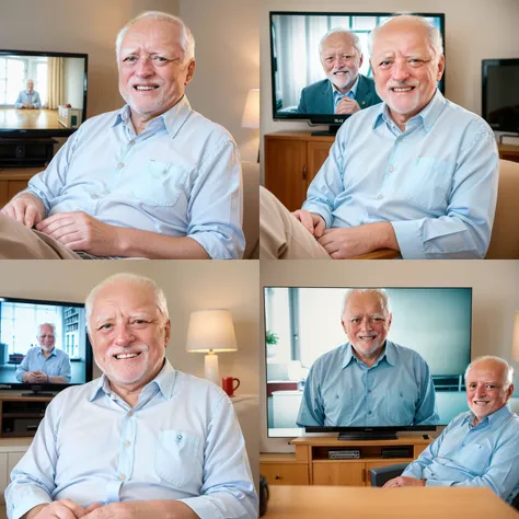 full length photo of (harold:1.3), smiling, 8k uhd, dslr, high quality, film grain, Fujifilm XT3, (harold is watching TV news:1.3), working TV, image on the screen
<lora:haroldDiffusionLora_versionTT:0.8>
