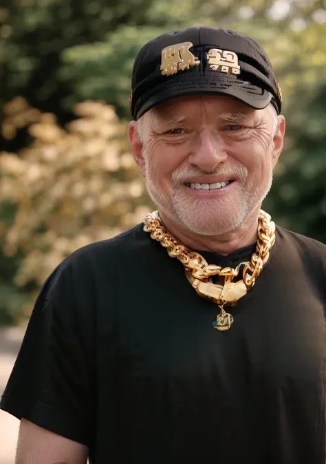 full length photo of harold, wearing (a cap ,gold chain, black tshirt:1.4), smiling, 8k uhd, dslr, high quality, film grain, Fujifilm XT3
 <lora:Hide_da_painV2:1>