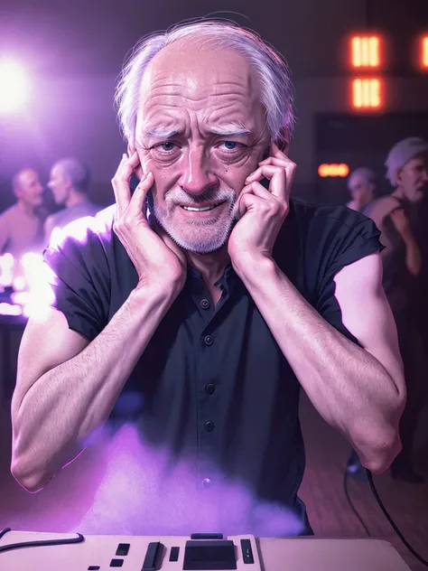 harold hides the pain in disco club, harold in black shirt, (dance floor full with young people in background:0.9), spotted (harold:<lora:haroldDiffusionLora_versionTT:0.8>:old man), violet and red lights, (disco ball in background:0.5), (high contrast : 0.9), techno disco club, masterpiece, arttrending