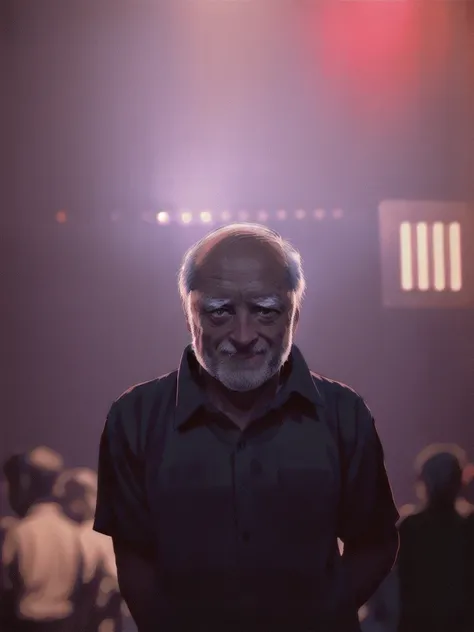 harold hides the pain in disco club, harold in black shirt, (dance floor full with young people in background:0.9), spotted (harold:<lora:haroldDiffusionLora_versionTT:1>:old man), violet and red lights, (disco ball in background:0.5), (high contrast : 0.9), techno disco club, masterpiece, arttrending
