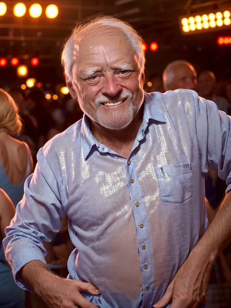 harold hides the pain in disco club, dance floor with young women in background, (harold:<lora:haroldDiffusionLora_versionTT:1.0>:old man), red lights, (high contrast : 1.2)