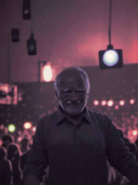 harold hides the pain in disco club, harold in black shirt, (dance floor full with young people in background:0.9), spotted (harold:<lora:haroldDiffusionLora_versionTT:1>:old man), violet and red lights, (disco ball in background:0.5), (high contrast : 0.9), techno disco club, masterpiece, arttrending