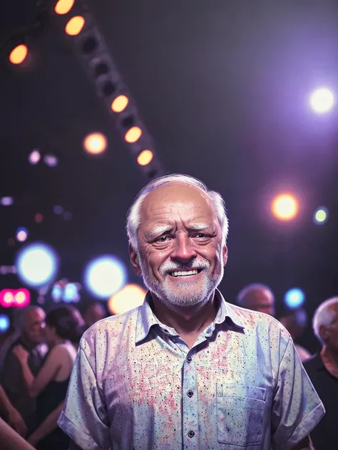 harold hides the pain in disco club, harold in black shirt, (dance floor full with young people in background:0.9), spotted (harold:<lora:haroldDiffusionLora_versionTT:0.9>:old man), violet and red lights, (disco ball in background:0.5), (high contrast : 0.9), masterpiece, arttrending, techno disco club,