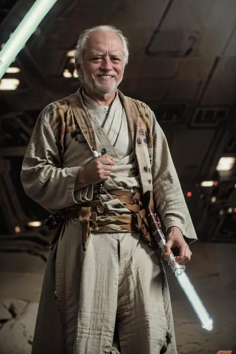 80s movie poster, Luke, Star Wars, kingdom background, best quality, high quality, 8k, best quality, high quality, 8k, (bokeh:1.2), <lora:dooli_yiu_v10:0.4> <lora:epi_noiseoffset2:0.5> <lora:80s Movie Poster Style v2:0.9>  <lora:Hide_da_painV2:0.8> (photo of harold as a jedi holding a lightsaber, Hide The Pain Harold:1.4) smiling