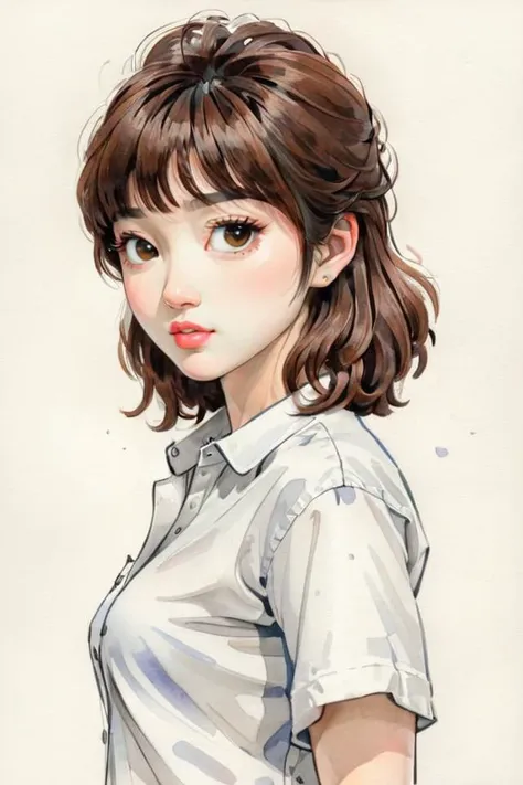<lora:A_Mullet_Cut_v3_SDXL:1.5>( mullet-cut:1.3), masterpiece, cartoon, drawing, (1woman), (asian:1.5), white shirt, (brown hair:1.1) , <lora:xl_shuimo:1> ink wash painting style, traditional media