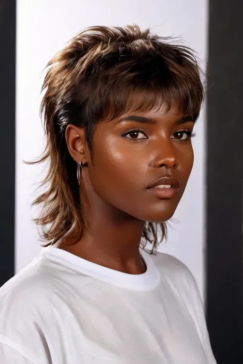 mullet-cut, masterpiece, realistic, 8k, (1woman), (dark skin:1), white shirt, (brown hair:1.1) , <lora:A_Mullet_Cut_SDXL_v3.1:1> mullet hair, messy hair