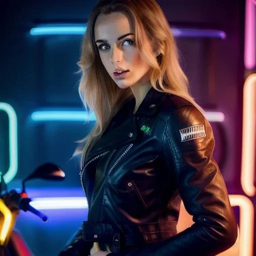young sexy KristinaP young sexy woman in leather jacket on a motorbike, cinematic light ,neon light , uhd , 8k, focus on the face  <lora:KristinaPimenova-000002:0.8>