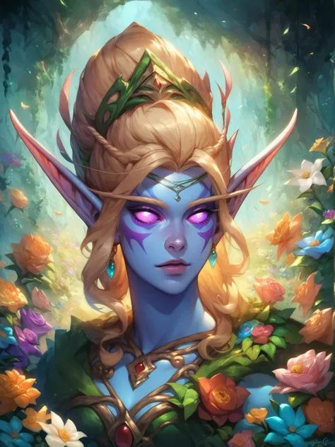 score_9,score_8_up,score_7_up,score_6_up,nghtelf,pointy ears,colored sclera,blue skin,facial mark,flowers,druid,magical,elegant,majestic,mystical,fantasy,epic illustration,wallpaper,portrait,<lora:nightelf-wc-richy-v1_pdxl:0.7>,<lora:Anime Summer Days Style SDXL_LoRA_Pony Diffusion V6 XL:0.7>,