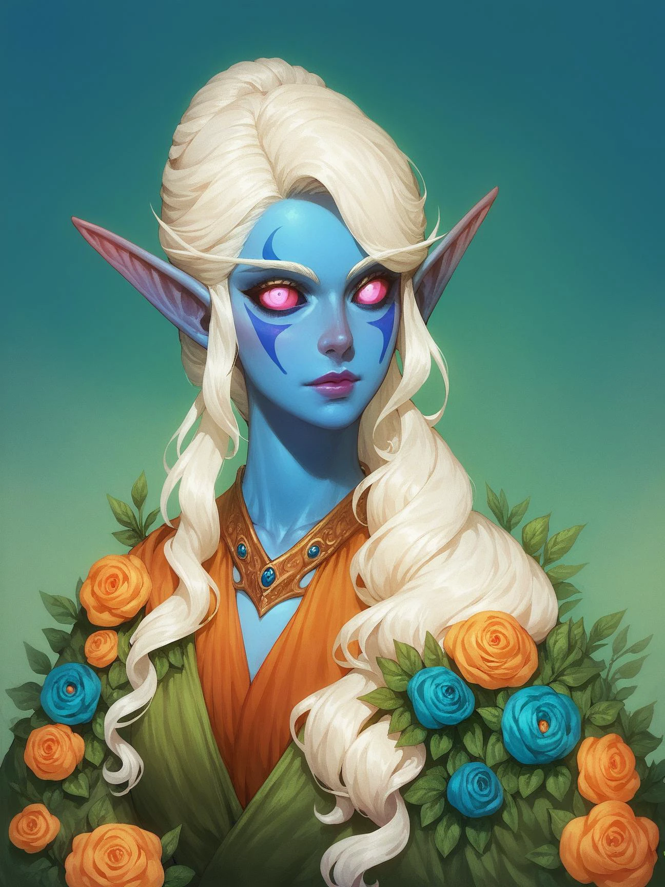 score_9,score_8_up,score_7_up,score_6_up,nghtelf,pointy ears,colored sclera,blue skin,facial mark,flowers,druid,magical,elegant,majestic,mystical,fantasy,epic illustration,wallpaper,medieval clothes,portrait,beautiful flowing whiteblond hair,<lora:nightelf-wc-richy-v1_pdxl:0.4>,<lora:Desolation:0.4>,<lora:cr33pyXLP:0.5>,