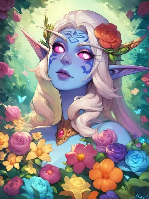 score_9,score_8_up,score_7_up,score_6_up,nghtelf,pointy ears,colored sclera,blue skin,facial mark,flowers,druid,magical,elegant,majestic,mystical,fantasy,epic illustration,wallpaper,portrait <lora:nightelf-wc-richy-v1_pdxl:0.5>,<lora:CitronAnimeTreasure:0.5>,