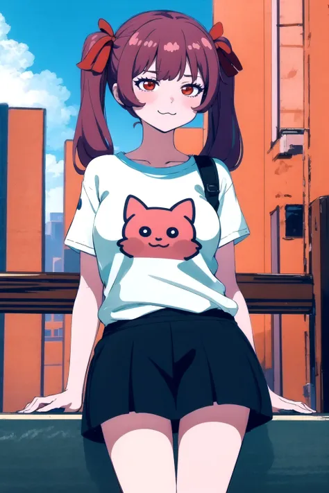 absurdres, highres, best quality,  <lora:megu-lokr (5):1> asdf123, 1girl, t-shirt, emoji print, :3, outdoors, city, short twintails, red eyes,